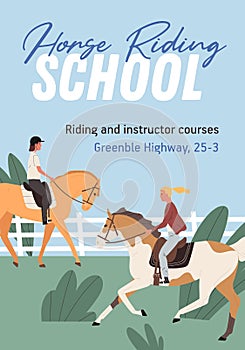 Advertising colorful poster for horse riding school. Promotional template for jockey courses. Vertical advertisement for