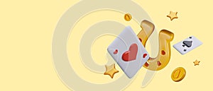 Advertising concept for gambling business. Golden horseshoe, playing card ace, coins, stars