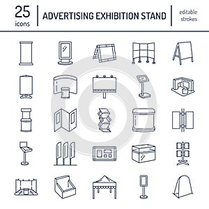 Advertising exhibition banner stands, display line icons. Brochure holders, pop up boards, bow flag, billboard folding