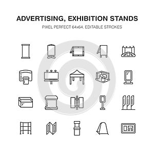 Advertising exhibition banner stands, display line icons. Brochure holders, pop up boards, bow flag, billboard folding