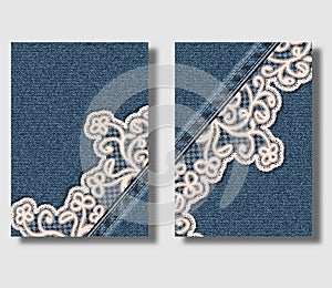 Advertising flyer design template with blue denim background and sewn floral ornamental lace. Can be used to design leaflets, broc