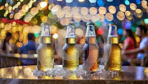 Advertising Ice cold beer bottles on the table, celebration concept