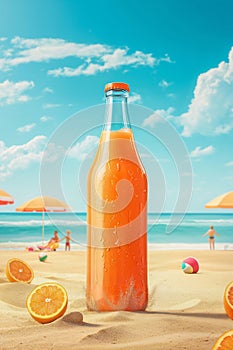 Advertising image of a bottle of fruit drink on the beach. Summer panorama, cold drink. Customizable bottle and space for copy