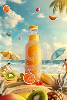 Advertising image of a bottle of fruit drink on the beach. Summer panorama, cold drink. Customizable bottle and space for copy