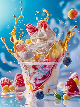 Fruit frozen yogurt. Explosion of fruit flavours. Isolated on blue background photo