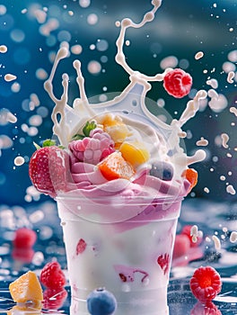 Advertising image of fruit frozen yogurt. Explosion of fruit flavours. Isolated on blue background