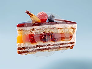 Advertising image of a slice of multilayer cake, chocolate, cream, jelly and sponge cake. Isolated on light blue background