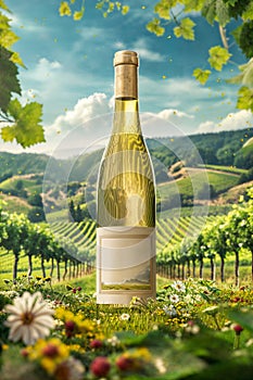 Advertising image of a white wine bottle. Vineyard hill panorama. Customizable bottle and space for copy