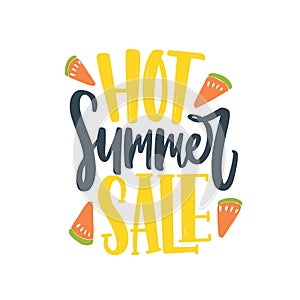 Advertising lettering composition on white background with bright handwritten cursive promo text. Hot Summer Sale
