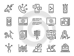 Advertising line icon set. Included icons as advertise, online marketing, blogger, influencer, mobile marketing and more.