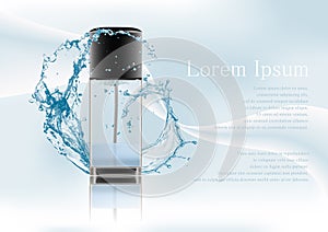 Advertising magazine page.Realistic transparent glass bottle two-phase cosmetic product,tonic,lotion.Black lid with