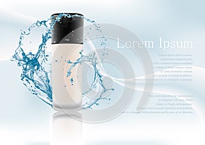 Advertising magazine page.Realistic transparent glass matte cosmetic bottle for decorative products.Black lid with