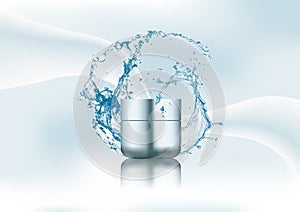 Advertising magazine page,Splash of water,empty realistic blue plastic cream jar.Cosmetic beauty product package