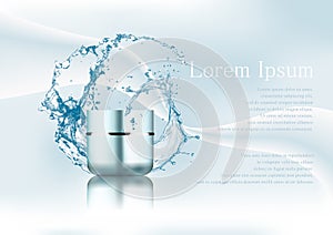 Advertising magazine page,Splash of water,empty realistic blue-silver plastic cream jar.Cosmetic beauty product package