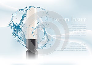 Advertising magazine page,Splash of water.Package with black lid,cosmetic products tube.Realistic mockup,plastic