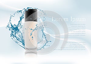 Advertising magazine page,Splash of water.Realistic matt bottle for cosmetic products,foundation with black lid