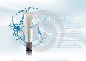 Advertising magazine page,Splash of water.Realistic package with black lid for cosmetic products tube. object on