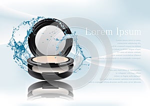 Advertising magazine page,Splash of water.Realistic plastic black compact mineral powder.Cosmetic make up product
