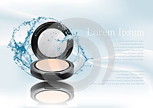 Advertising magazine page,Splash of water.Realistic plastic black compact mineral powder.Cosmetic make up product