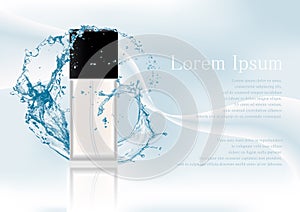 Advertising magazine page,Splash of water.Realistic transparent flacon with black lid for cosmetic product,perfume