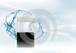 Advertising magazine page,Splash of water.Realistic transparent flacon with black lid for cosmetic product,perfume