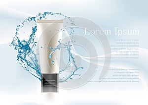 Advertising magazine page,Splash of water.White package with black lid for cosmetic products tube.Realistic mockup