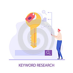 Advertising manager analyzes and selects keywords. Keyword research. Concept of search engine optimization, SEO ranking, digital