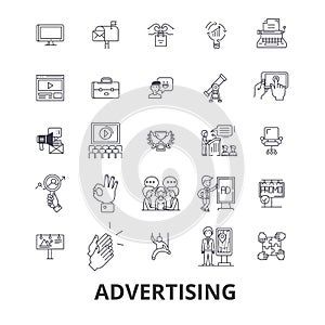 Advertising, marketing, media, social, billboard, news, television, branding line icons. Editable strokes. Flat design photo