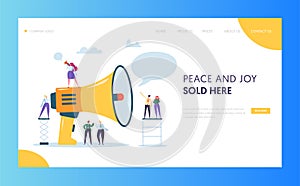 Advertising Mass Marketing Landing Page Website Template Design. Woman Scream Loudspeaker to Group of People Web Page