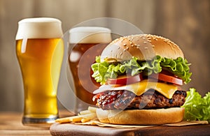 Advertising photo of juicy hamburger with a glass of beer on a yellow background