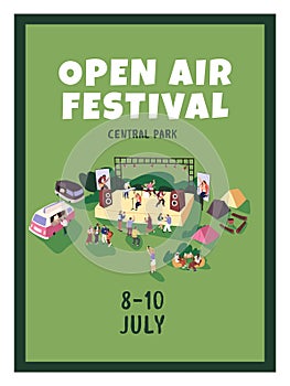 Advertising placard of open air festival. Vertical poster of performance in amusement park. Musicians play music on