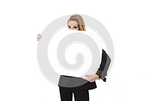 Advertising portrait attractive businesswoman holding blank billboard with copy space smiling happy
