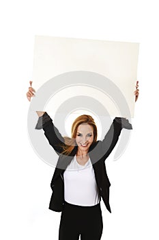 Advertising portrait attractive businesswoman holding blank billboard with copy space smiling happy