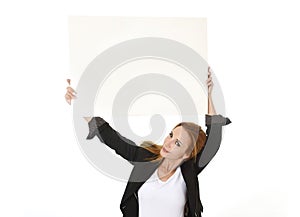 Advertising portrait attractive businesswoman holding blank billboard with copy space smiling happy