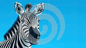 Advertising portrait, banner, beautiful white black skin zebra looking directly to the camera, isolated on blue