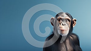 Advertising portrait, banner, black chimpanzee looks straight, isolated on blue background