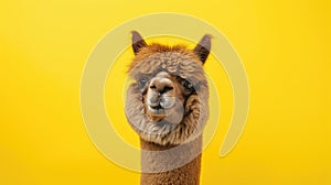 Advertising portrait, banner, cheerfu brownl alpaca with trimmed hair, looks straight, isolated on yellow background