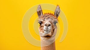 Advertising portrait, banner, cheerful alpaca with ears up, looks straight, isolated on yellow background
