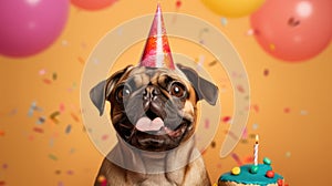 Advertising portrait, banner, funny happy birthday dog with open mouth and a red cap, isolated on redyellow background