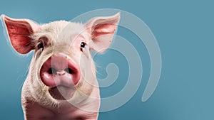 Advertising portrait, banner, funny pink pig, piglet with pink new, with raised ears looking directly at the camera