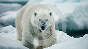 Advertising portrait, banner, gorgeous white polar bear in natural conditions makes his way through the snow towards the