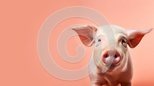 Advertising portrait, banner, pink pig, piglet with a pink new, looking straight at the camera, isolated on a pink