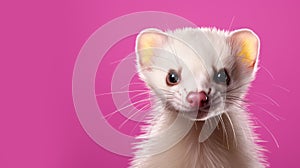 Advertising portrait, banner, small young white ferret, looks straight, isolated on pink background