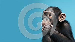 Advertising portrait, banner, thinking black chimpanzee looks to the left, isolated on blue background