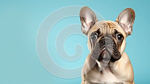 Advertising portrait, banner, very sad pug dog, looks straight, isolated on light blue background
