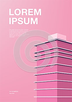 Advertising poster with abstract architecture. Pink background with skyscraper. Vertical placard with place for text