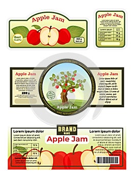Advertising poster apple jam label, sticker ads fruit jelly foodstuff, pome tablet flat vector illustration, isolated on
