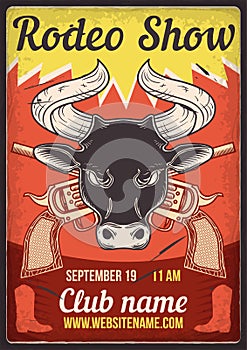 Advertising poster design with illustration of a bull and revolvers on dusty background