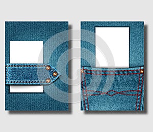 Advertising poster design template with blue denim background and with sewn jeans elements. Can be used to design leaflets,