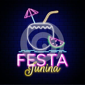 Advertising poster or flyer design, Neon effect text Festa Junina with coconut drink element.